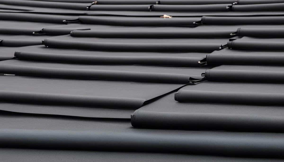 Roll roofing installation with overlapping black sheets on a flat roof.