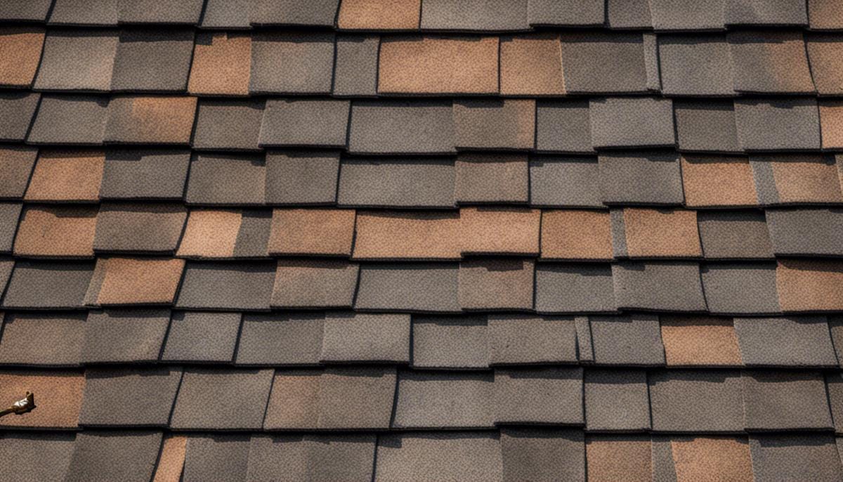 A close-up image of roof shingles with missing pieces and visible signs of damage.