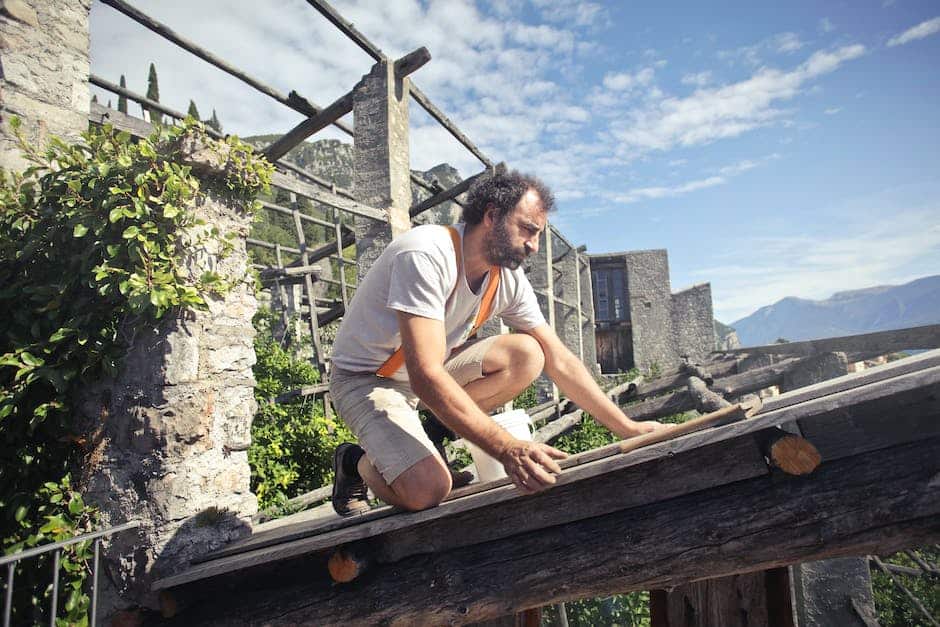 Illustration of a person wearing safety equipment while working on a roof.