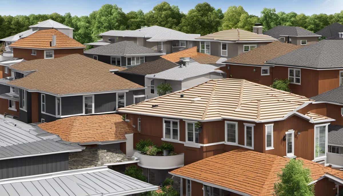 Illustration of different roof structures with gabel roofs, hip roofs, mansard roofs, and flat roofs for Understanding Common Roof Structures in Owasso